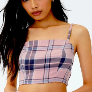 Aeropostale Y2K Neck Square Adj Strap Pink Cropped Plaid Tank‎ Top Womens XS EUC